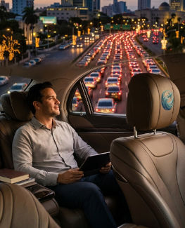 Pasajero relajado en un taxi privado de lujo, observando el intenso tráfico de Santo Domingo de noche