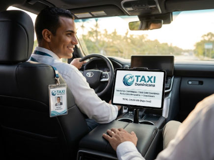 Conductor de taxi privado mostrando identificacion y tarifa fija en Punta Cana
