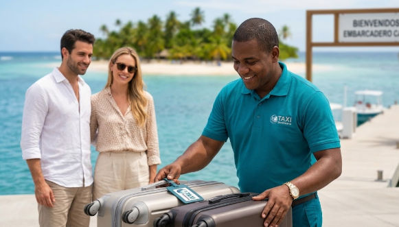 Pareja y conductor de taxi con equipaje en un embarcadero caribeño frente a Cayo Levantado, Samaná.