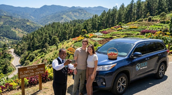 Chofer de Taxi Dominicana toma una selfie con una pareja de turistas en un mirador con vistas a la montaña entre Jarabacoa y Constanza, junto a un SUV con una canasta de fresas.