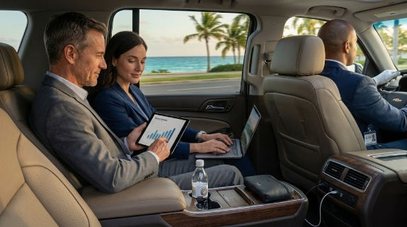 Corporate executives reviewing data on a tablet during luxury transport for a holiday event in the Dominican Republic.