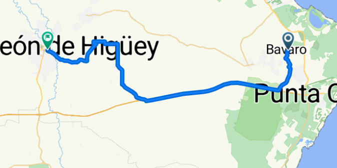 Mapa de ruta por carretera entre Higüey y Bávaro, República Dominicana.