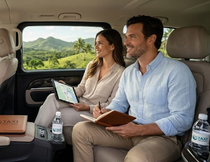 Pareja viajando cómodamente en transporte privado disfrutando del paisaje entre Puerto Plata y Punta Cana