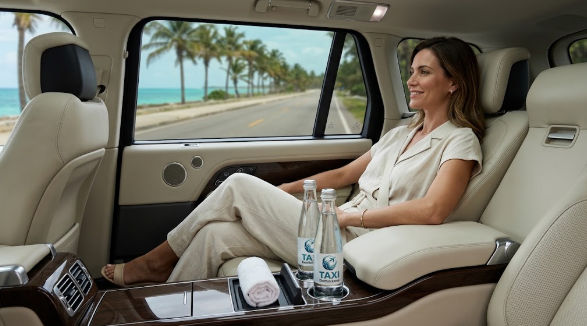 Woman relaxing in the spacious back seat of a luxury private transfer vehicle with a tropical coastal view