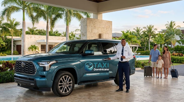 A friendly uniform Taxi Dominicana driver greets a family with luggage at the entrance of a luxury resort next to a modern private SUV taxi