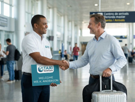 Professional driver from Taxi Dominicana greeting Mr. K. Anderson at the airport for door-to-door shuttle service in Santo Domingo.