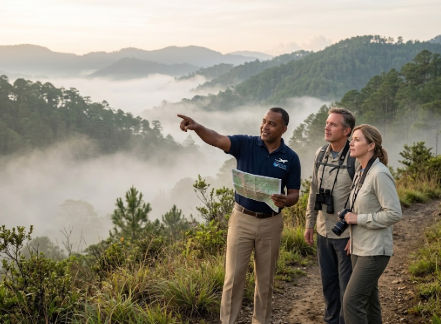 A friendly Dominican private driver points out a panoramic sunrise view of misty mountain valleys to an eco-tourism couple on a trail.
