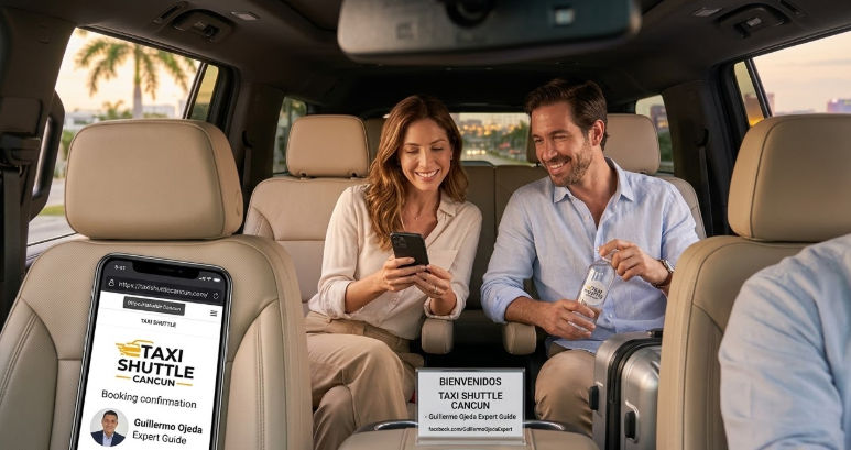 Taxi Shuttle Cancun: Pareja relajada en traslado Suburban al centro de Cancún