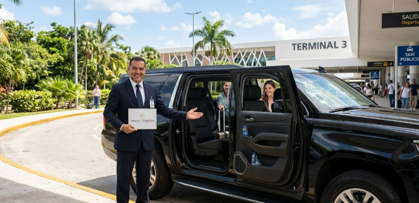Servicio de transporte privado Taxi Shuttle Cancun en el Aeropuerto de Cancun Terminal 3 Como llegar al aeropuerto de Cancun con Taxi Shuttle Cancun en transporte privado Suburban