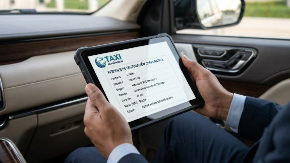 Businessman reviewing a corporate billing summary on a tablet inside an executive taxi