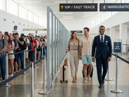 Couple using VIP fast track service bypassing long immigration lines at the airport