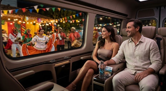 Couple in luxury van watching Dominican festive dancers