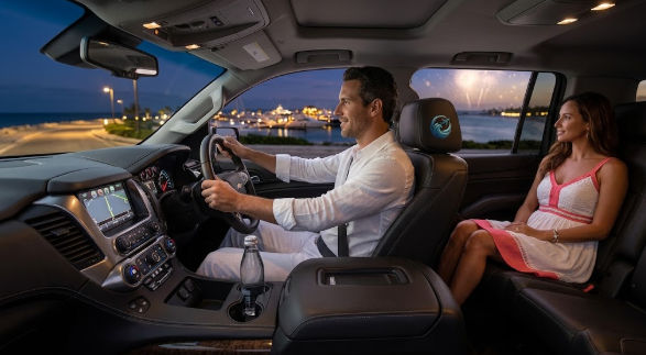 Un hombre con camisa blanca conduciendo un SUV de lujo por la noche, mientras una mujer con vestido blanco en el asiento trasero observa fuegos artificiales sobre un puerto deportivo y la playa.