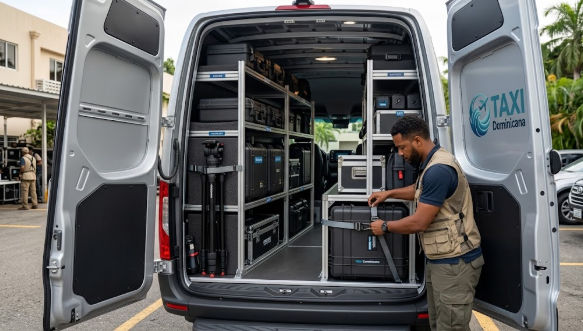 Open rear doors of a silver production van with custom equipment racks and 'Taxi Dominicana' logo, showing a crew member securing a gear case.