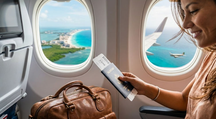 Direct flights to Cancun: Traveler holding passport and CUN boarding pass looking out at turquoise waters of Quintana Roo coast