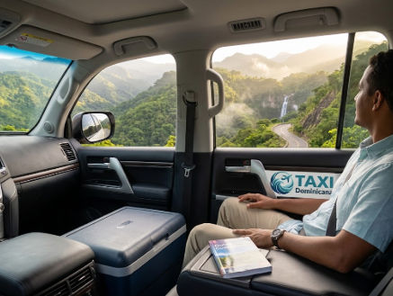 Passenger enjoying scenic mountain and waterfall views from a private Taxi Dominicana vehicle