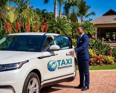 A professional driver in a suit opening the door of a white Taxi Dominicana SUV at a luxury resort in Punta Cana.