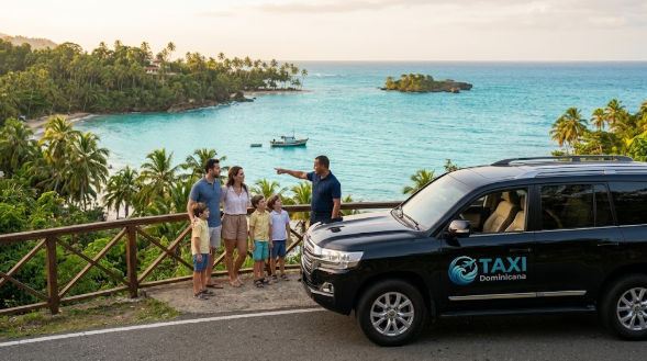 A driver showing a family the scenic view of a tropical bay in the Dominican Republic, standing next to a Taxi Dominicana SUV.