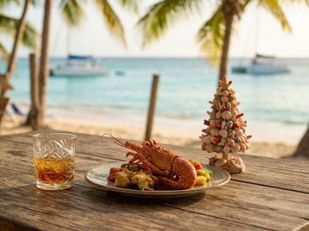 Cooked lobster and a glass of rum on a wooden beach table with a seashell Christmas tree