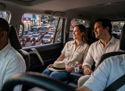 Happy passengers in a private car looking out at heavy holiday season traffic in Santo Domingo