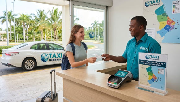 Tourist booking a taxi at an official counter with certified fixed rates to avoid overcharging in Punta Cana