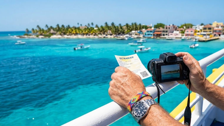 Guía de Viaje a Isla Mujeres: Taxis y Ferry Ultramar con Traslado Un pasajero en la cubierta de un ferry de Ultramar sostiene un boleto impreso para el ferry y taxi de Isla Mujeres y una cámara mirrorless, con la costa tropical de Isla Mujeres y las aguas turquesas del Caribe de fondo. El boleto muestra claramente 'ULTRAMAR FERRY & TAXI' y 'TAXIS DE ISLA MUJERES' con un código QR.