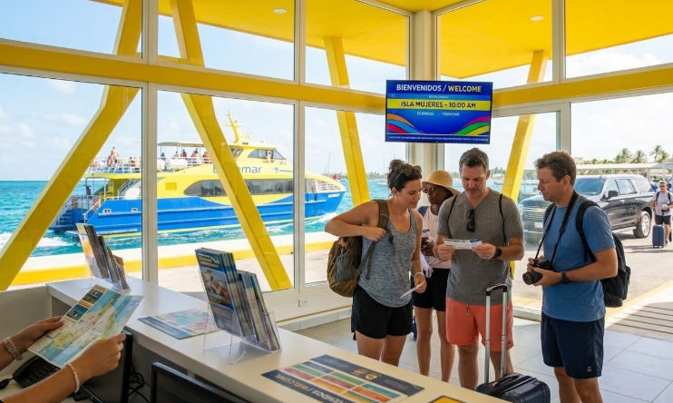 Ultramar Ferry Isla Mujeres: Travel terminal and boat crossing from Cancun Ultramar Ferry Isla Mujeres terminal departure with travelers checking tickets