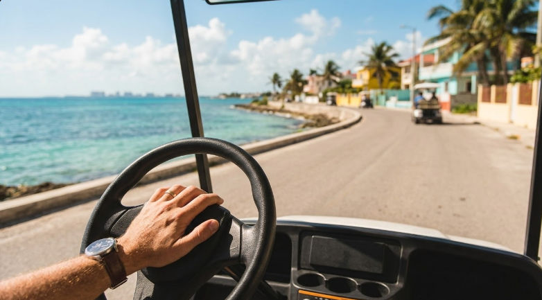 Alternative transportation with golf cart rentals in Isla Mujeres instead of driving from Cancun