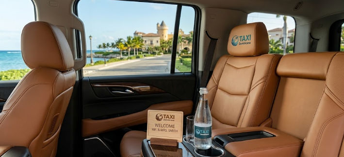 Luxury private transfer vehicle interior with leather seats and a coastal view of a Cap Cana resort