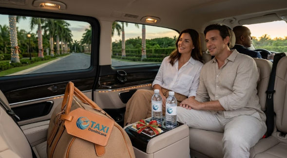 Couple enjoying a private luxury transfer ride to Lopesan Costa Bavaro during Christmas vacation