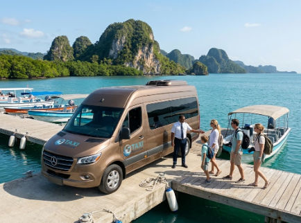 Tourists and a family being greeted on a dock by a uniformed driver and a luxury Mercedes van for a Los Haitises National Park tour. The background features turquoise water and unique karst formations.