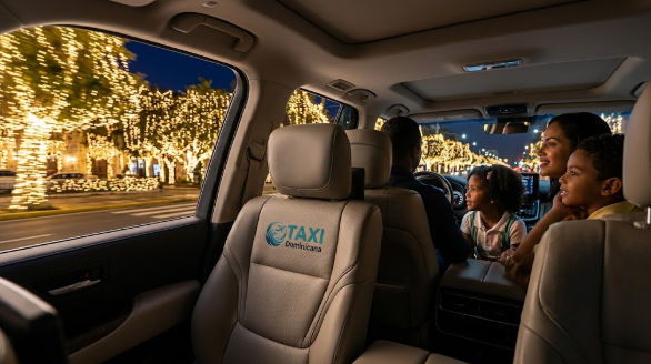 Familia dominicana en taxi de lujo por la noche, observando las luces de Navidad en Santo Domingo. Logo visible en el reposacabezas.
