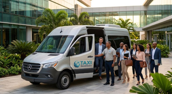 A diverse group of business professionals exiting a modern silver Mercedes-Benz Sprinter van with TAXI Dominicana branding, illustrating minibus rental with driver in Santo Domingo.