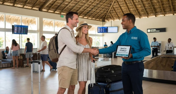 Friendly driver greeting a couple at Punta Cana airport for a private transfer
