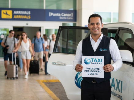 Friendly Taxi Dominicana driver holding a welcome sign for pre-booked guests at the airport arrivals