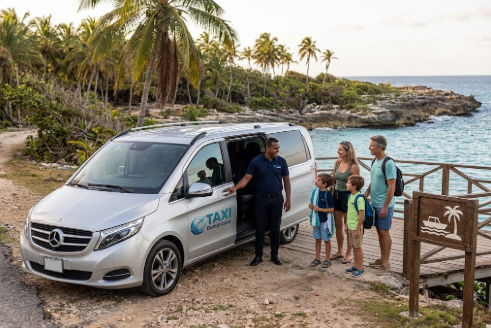 Silver Mercedes taxi minivan with driver and family at a tropical coast in Punta Cana.