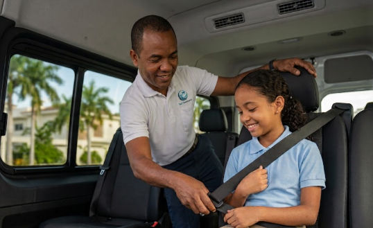 Private school transportation in Santo Domingo: Dedicated driver secures smiling student's seatbelt for safe commute