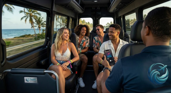 Happy group of friends riding a comfortable private shuttle to a music festival in the Dominican Republic