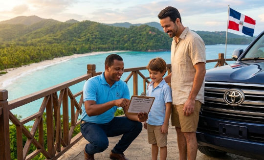 Private tour guide driver in the Dominican Republic showing an itinerary to a father and son next to an SUV overlooking a tropical beach
