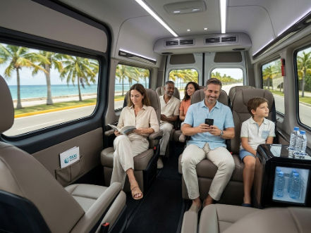 Passengers relaxing inside a comfortable private van with leather seats and ocean views