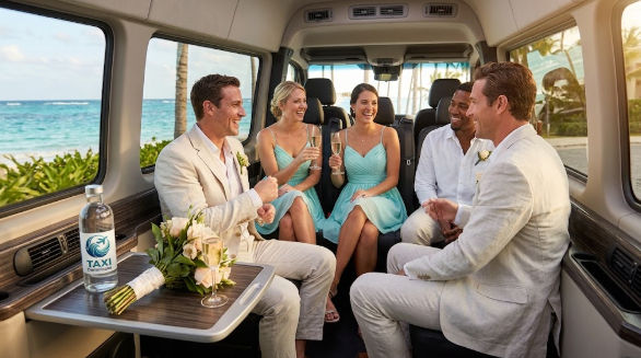 Happy wedding party in suits and teal dresses toasting with champagne inside a modern private van in Punta Cana with ocean view
