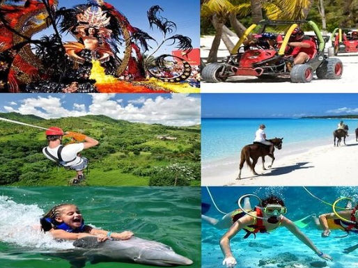 Collage of popular Punta Cana day trips and excursions including dune buggies, ziplining, horseback riding, and snorkeling.