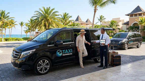 Chauffeur opening the door of a black Taxi Dominicana luxury van for a passenger at a tropical resort