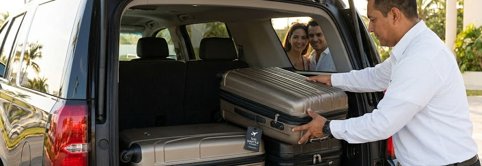 Taxi privado en Cancún: Su conductor puntual le espera con Suburban negra Taxi Shuttle Cancun garantizando puntualidad en traslado al aeropuerto