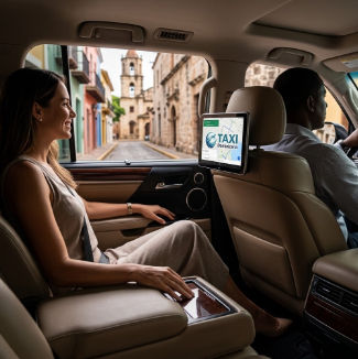 Mujer disfrutando de un recorrido turístico por Santo Domingo con conductor privado desde el interior de un vehículo de lujo