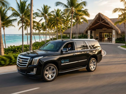 Black luxury SUV taxi providing reliable private transfer to a beach resort
