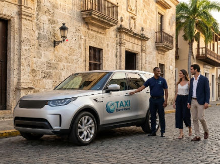 Professional private driver opening an SUV door for a tourist couple in the Colonial Zone of the Dominican Republic