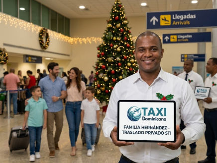 Conductor de Taxi Dominicana sosteniendo un cartel de bienvenida para una familia en el aeropuerto decorado de Navidad