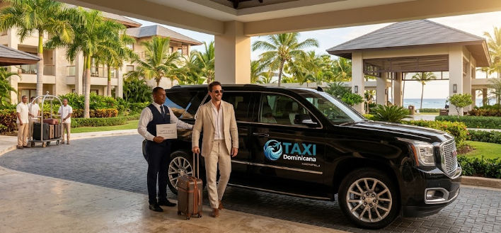 Un cliente bajando de un vehículo de lujo Taxi Dominicana en un resort de Bávaro