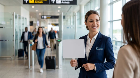 Representante de transporte VIP en el aeropuerto sosteniendo un cartel de bienvenida